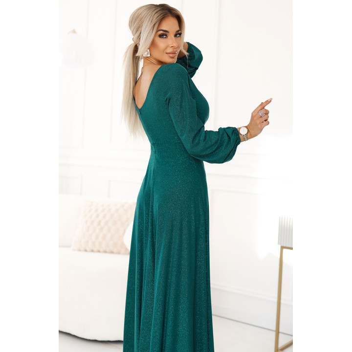 NELA lesklé dlouhé šaty s výstřihem, dlouhými rukávy a rozparkem na noze – BOTEVÁ ZELENÁ