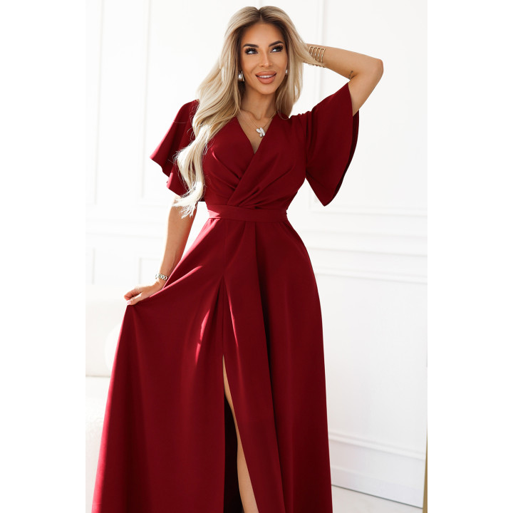 JENNIFER dlouhé šaty s rozparkem na noze, rukávem a výstřihem - BORDÓ