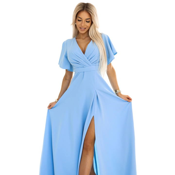 JENNIFER dlouhé šaty s rozparkem na noze, rukávem a výstřihem - MODRÉ