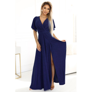 JENNIFER lesklé dlouhé šaty s rukávy a výstřihem – NÁMOŘNICKÁ MODRÁ S BROKÁTEM