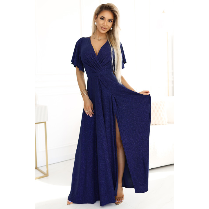 JENNIFER lesklé dlouhé šaty s rukávy a výstřihem – NÁMOŘNICKÁ MODRÁ S BROKÁTEM