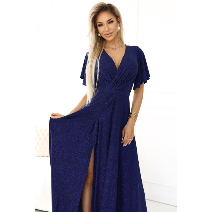 JENNIFER lesklé dlouhé šaty s rukávy a výstřihem – NÁMOŘNICKÁ MODRÁ S BROKÁTEM