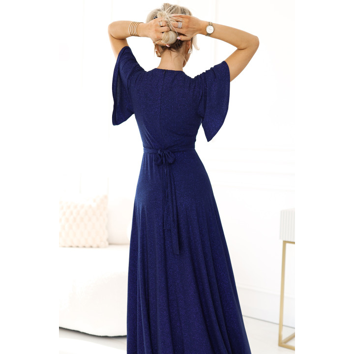 JENNIFER lesklé dlouhé šaty s rukávy a výstřihem – NÁMOŘNICKÁ MODRÁ S BROKÁTEM
