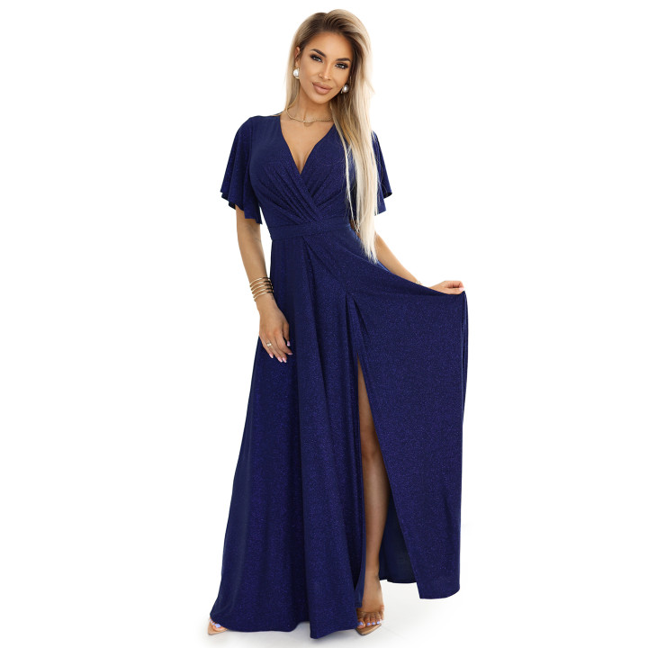 JENNIFER lesklé dlouhé šaty s rukávy a výstřihem – NÁMOŘNICKÁ MODRÁ S BROKÁTEM