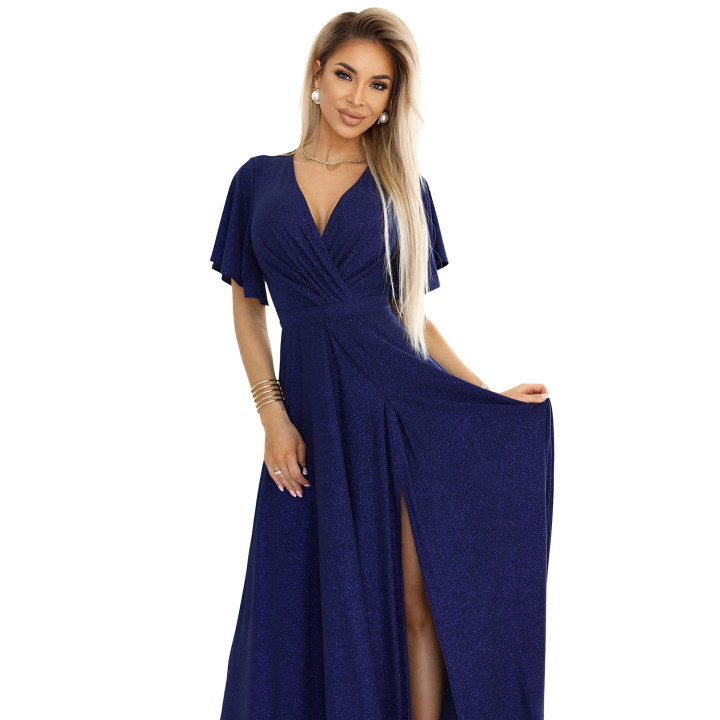 JENNIFER lesklé dlouhé šaty s rukávy a výstřihem – NÁMOŘNICKÁ MODRÁ S BROKÁTEM