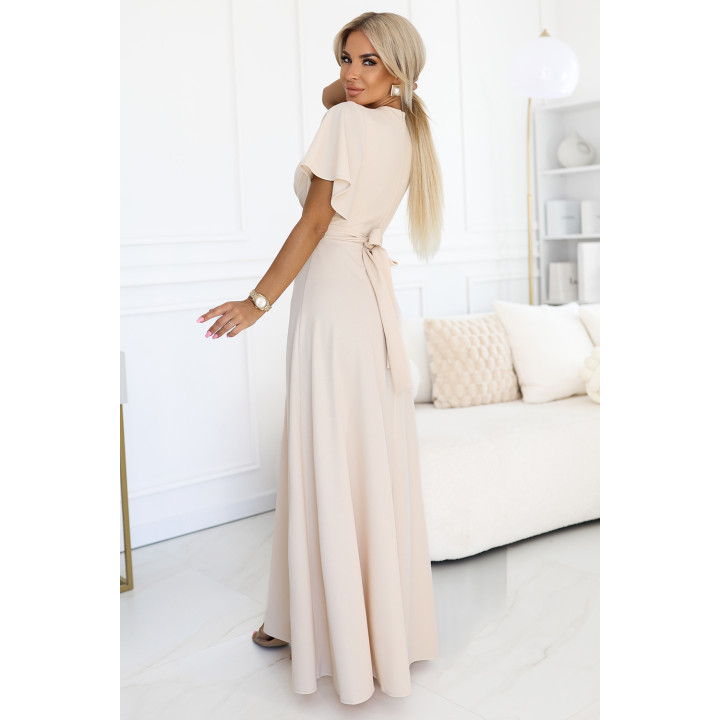 JENNIFER dlouhé šaty s rozparkem na noze, rukávem a výstřihem - BEŽOVÉ
