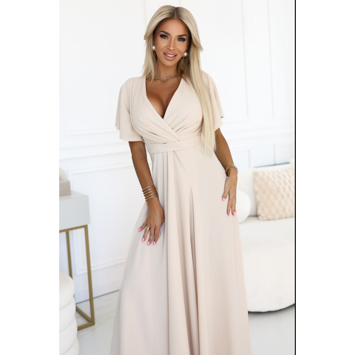 JENNIFER dlouhé šaty s rozparkem na noze, rukávem a výstřihem - BEŽOVÉ