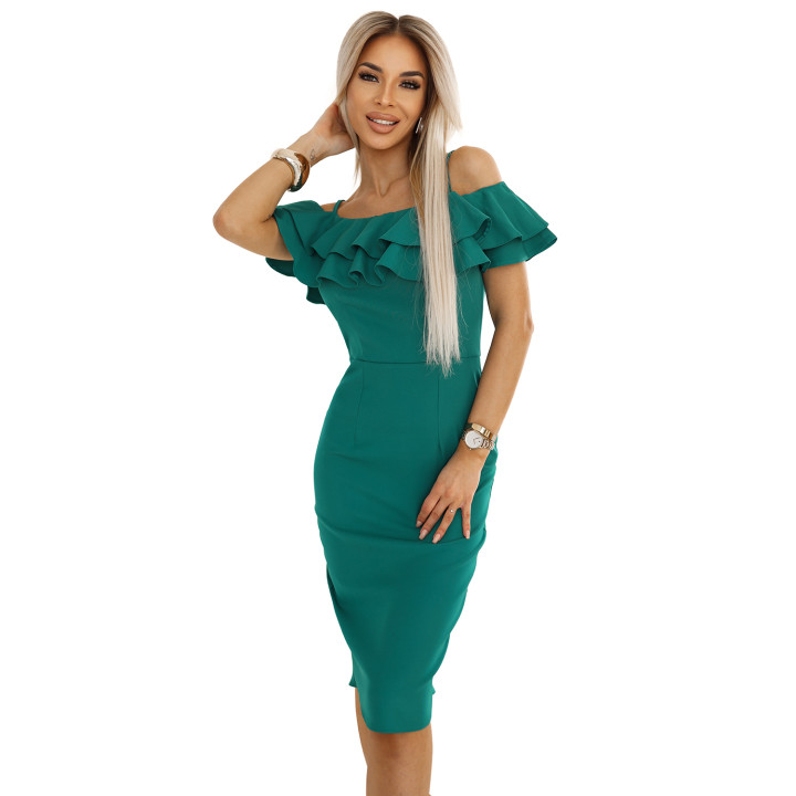 CARMEN Přiléhavé midi šaty ve španělském stylu – ZELENÉ