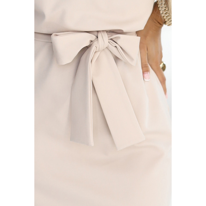 ROXI šaty s asymetrickou sukní a páskem - BEŽOVÁ