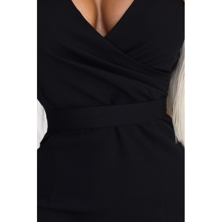 NINA elegantní šaty s přeloženým výstřihem, rukávy a páskem - ČERNÁ