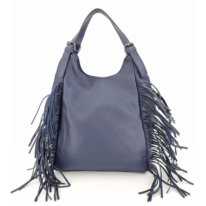 Tmavě modrá prostorná kabelka s třásněmi