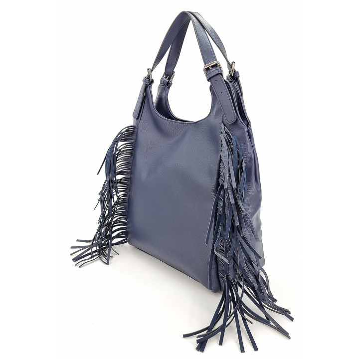 Tmavě modrá prostorná kabelka s třásněmi