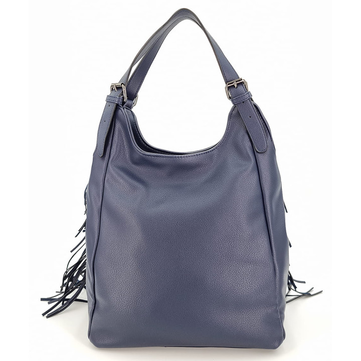 Tmavě modrá prostorná kabelka s třásněmi