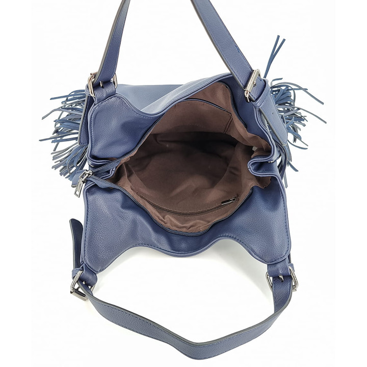 Tmavě modrá prostorná kabelka s třásněmi