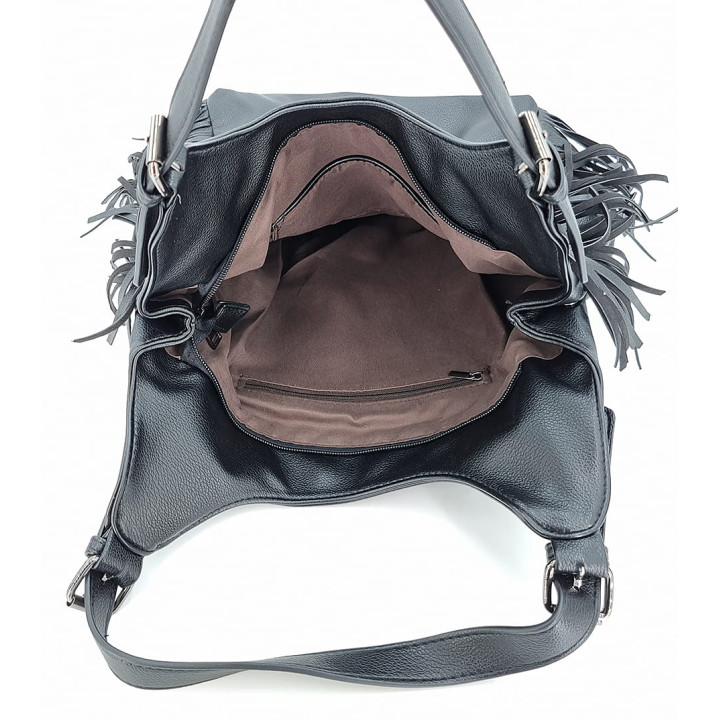 Černá prostorná taška dámská kabelka s třásněmi