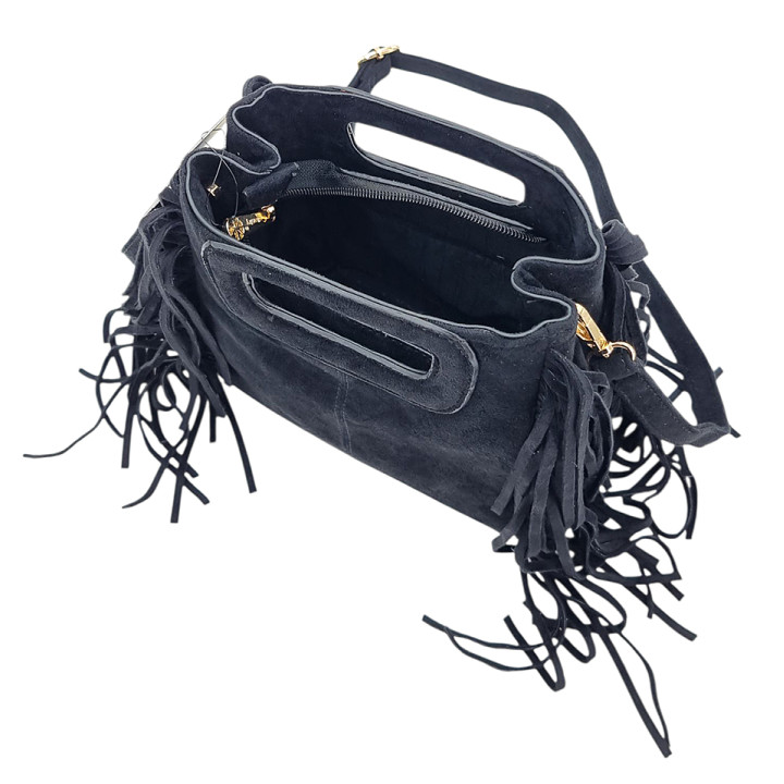 Černá semišová kabelka typu messenger s třásněmi GALLANTRY