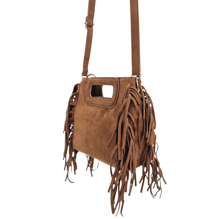Hnědá semišová kabelka typu messenger s třásněmi GALLANTRY