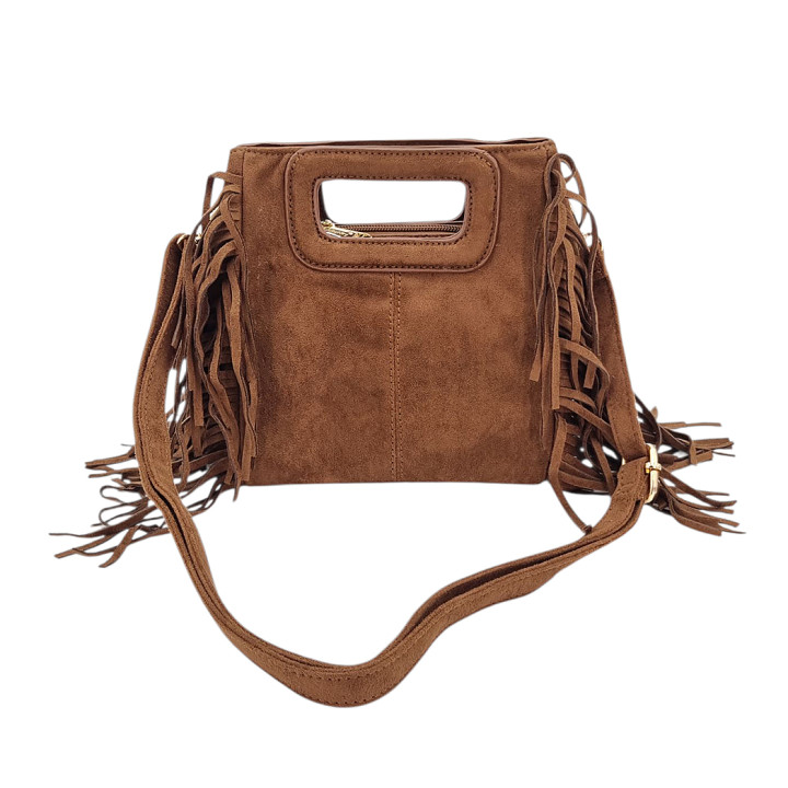 Hnědá semišová kabelka typu messenger s třásněmi GALLANTRY