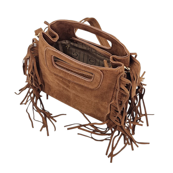 Hnědá semišová kabelka typu messenger s třásněmi GALLANTRY