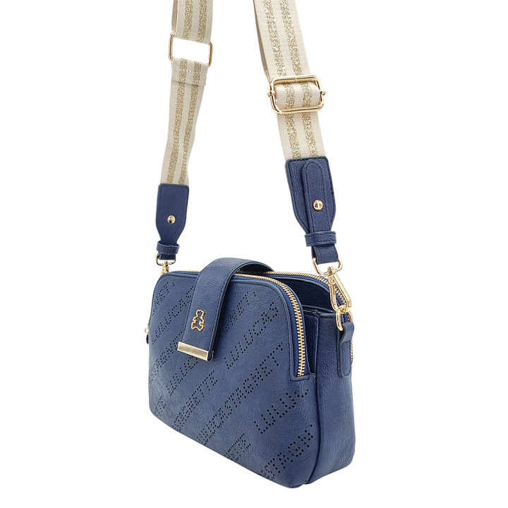 Navy blue messenger bag with 3 compartments, eco-leather LULU CASTAGNETTE