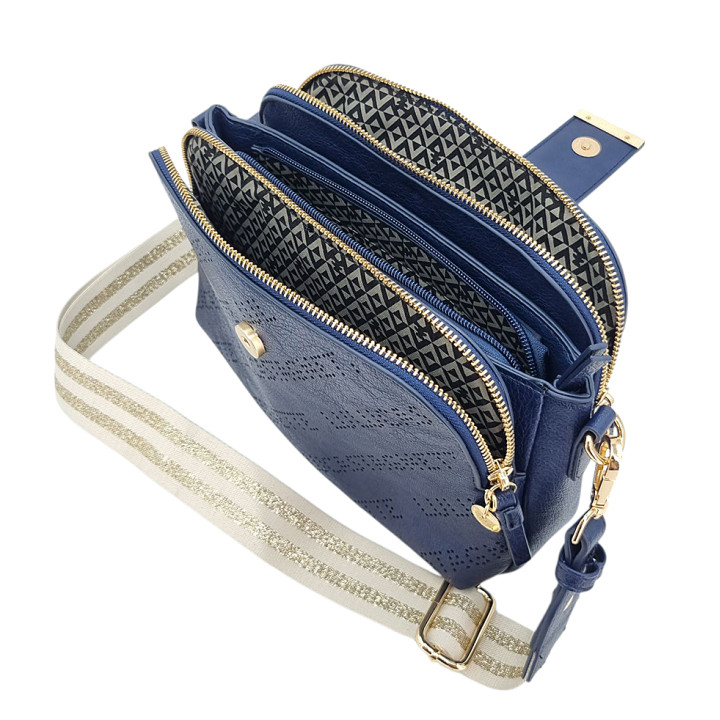 Navy blue messenger bag with 3 compartments, eco-leather LULU CASTAGNETTE