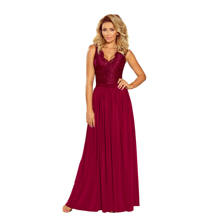 LEA dlouhé šaty bez rukávů s krajkovým výstřihem - BORDÓ