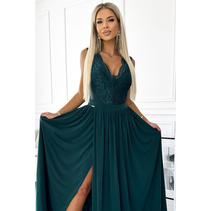 LEA dlouhé šaty s krajkovým výstřihem – BOTEVÁ ZELENÁ