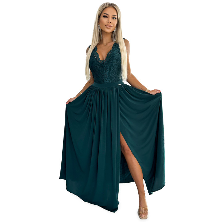 LEA dlouhé šaty s krajkovým výstřihem – BOTEVÁ ZELENÁ