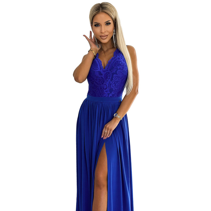 LEA dlouhé šaty s krajkovým výstřihem - MODRÉ