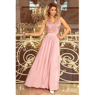 LEA dlouhé šaty bez rukávů s vyšívaným výstřihem - TAUPE