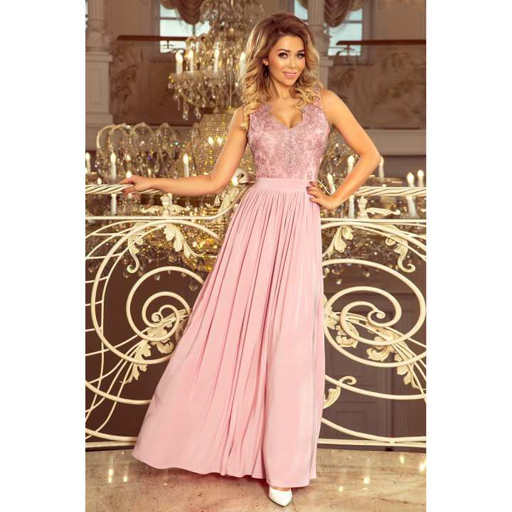 LEA dlouhé šaty bez rukávů s vyšívaným výstřihem - TAUPE