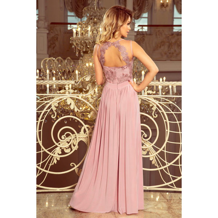 LEA dlouhé šaty bez rukávů s vyšívaným výstřihem - TAUPE