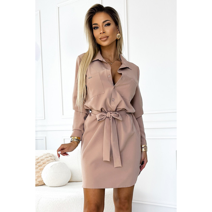 CAMILLE Košilové šaty s kapsami a zavazováním - BEŽOVÉ