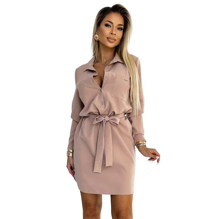 CAMILLE Košilové šaty s kapsami a zavazováním - BEŽOVÉ