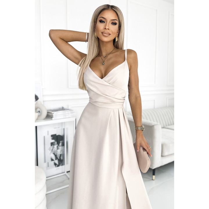 CHIARA elegantní dlouhé šaty na ramínkách - BEŽOVÁ