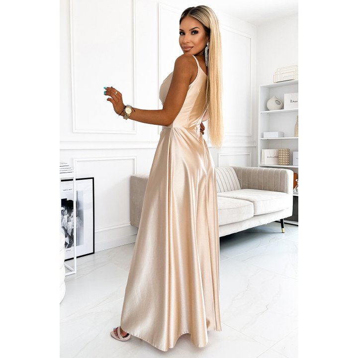 CHIARA elegantní dlouhé saténové šaty na ramínkách - ZLATÁ