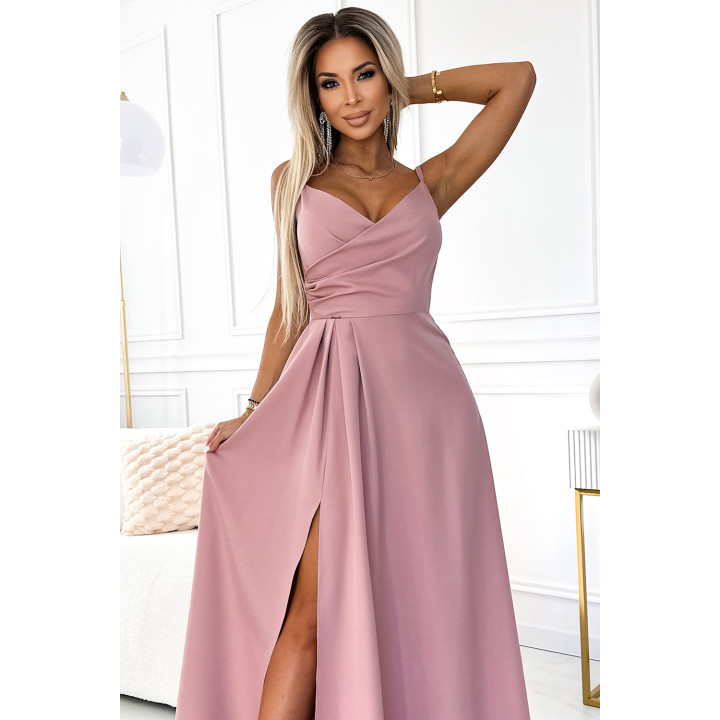 CHIARA elegantní dlouhé šaty na ramínkách - ŠPINAVĚ RŮŽOVÉ