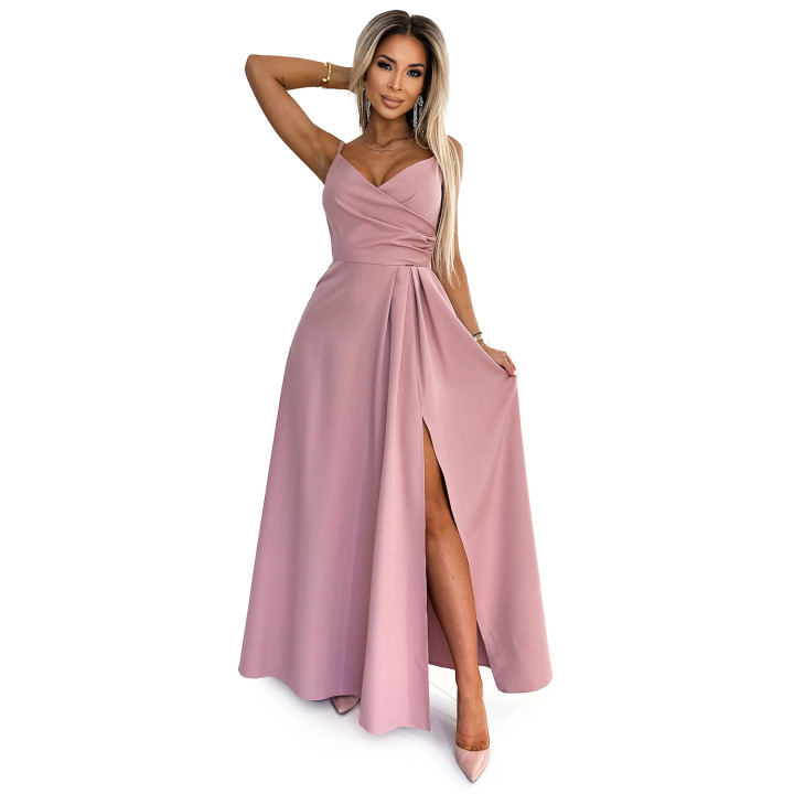 CHIARA elegantní dlouhé šaty na ramínkách - ŠPINAVĚ RŮŽOVÉ