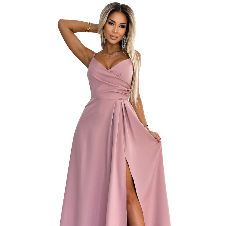 CHIARA elegantní dlouhé šaty na ramínkách - ŠPINAVĚ RŮŽOVÉ