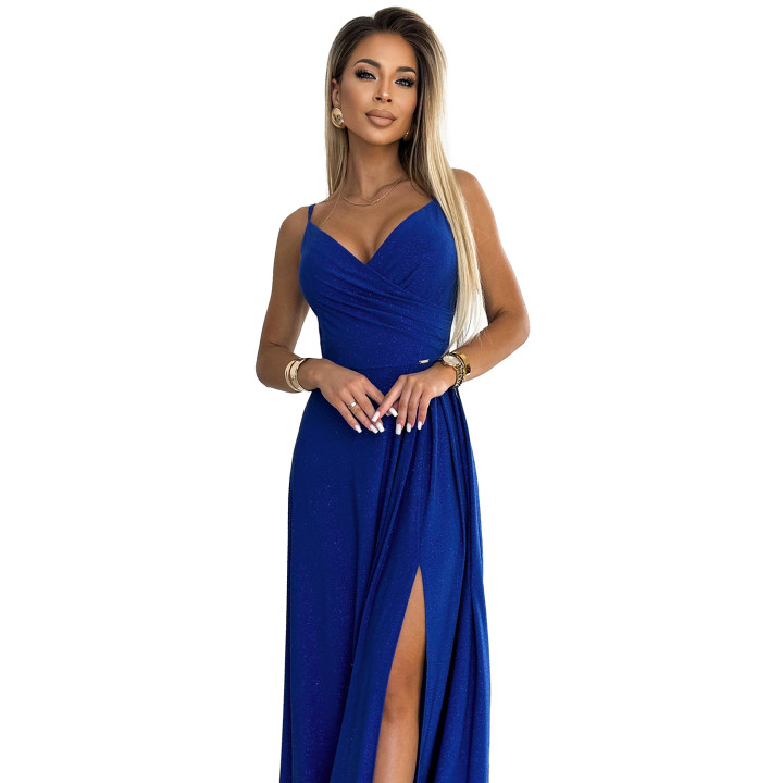 CHIARA elegantní dlouhé šaty na ramínkách - CHABROVA S BROKÁTEM