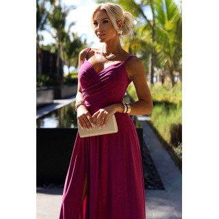 CHIARA elegantní dlouhé šaty na ramínkách - FUKSJA S BROKÁTEM