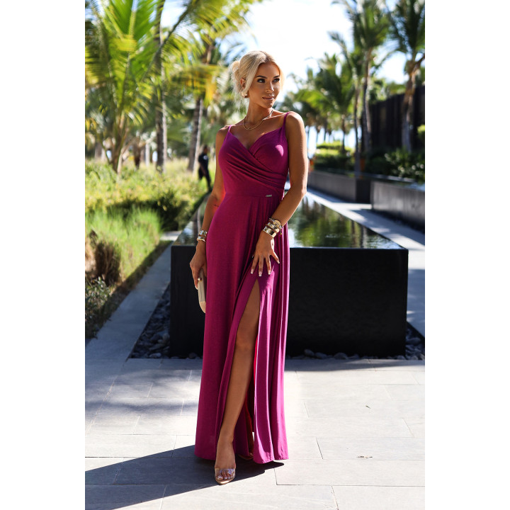 CHIARA elegantní dlouhé šaty na ramínkách - FUKSJA S BROKÁTEM