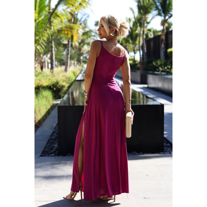 CHIARA elegantní dlouhé šaty na ramínkách - FUKSJA S BROKÁTEM