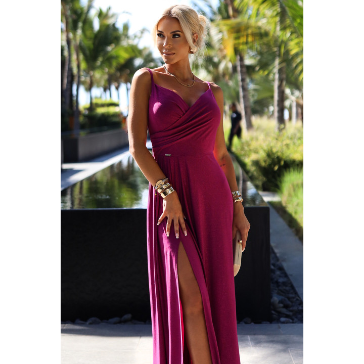 CHIARA elegantní dlouhé šaty na ramínkách - FUKSJA S BROKÁTEM