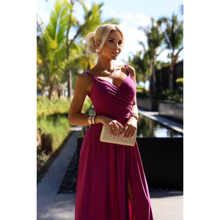 CHIARA elegantní dlouhé šaty na ramínkách - FUKSJA S BROKÁTEM