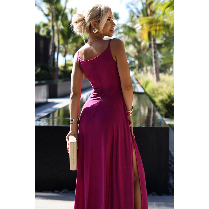 CHIARA elegantní dlouhé šaty na ramínkách - FUKSJA S BROKÁTEM