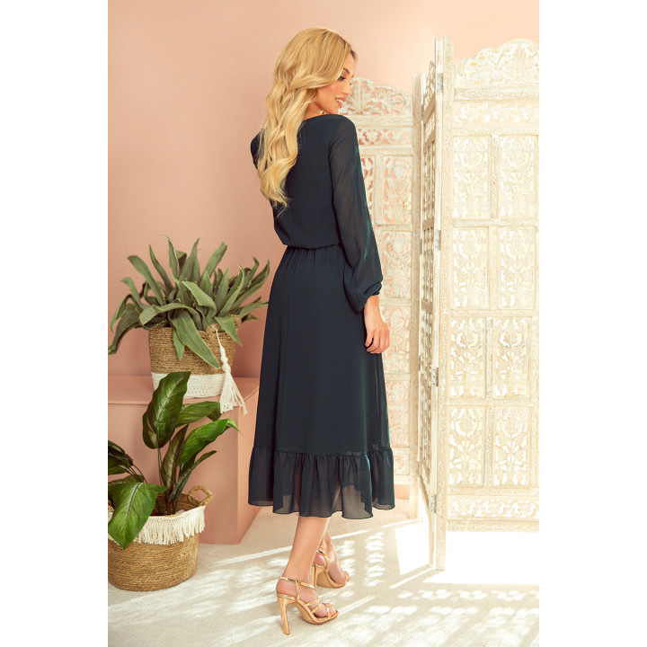 Šifonové midi šaty s výstřihem a volánkem – BOTEVÁ ZELENÁ