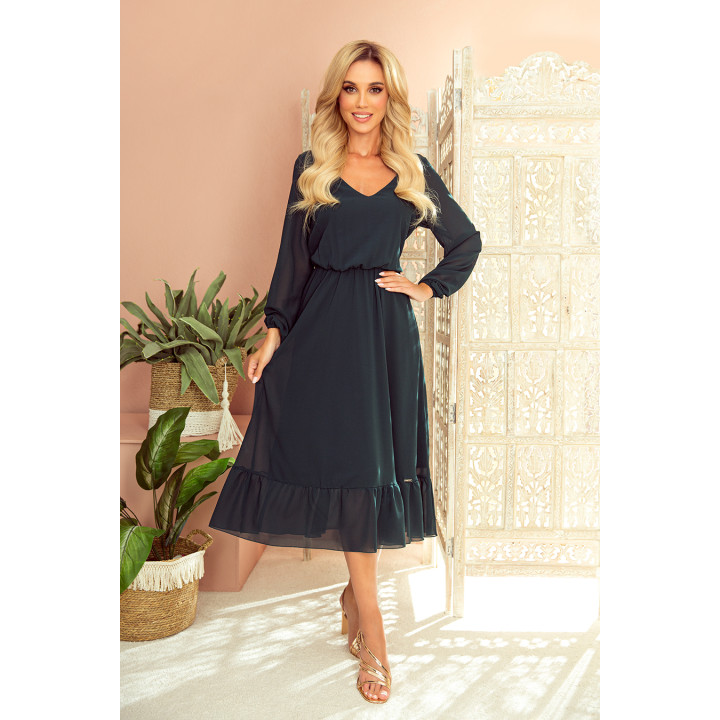 Šifonové midi šaty s výstřihem a volánkem – BOTEVÁ ZELENÁ