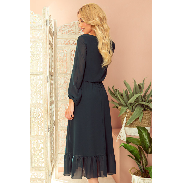 Šifonové midi šaty s výstřihem a volánkem – BOTEVÁ ZELENÁ