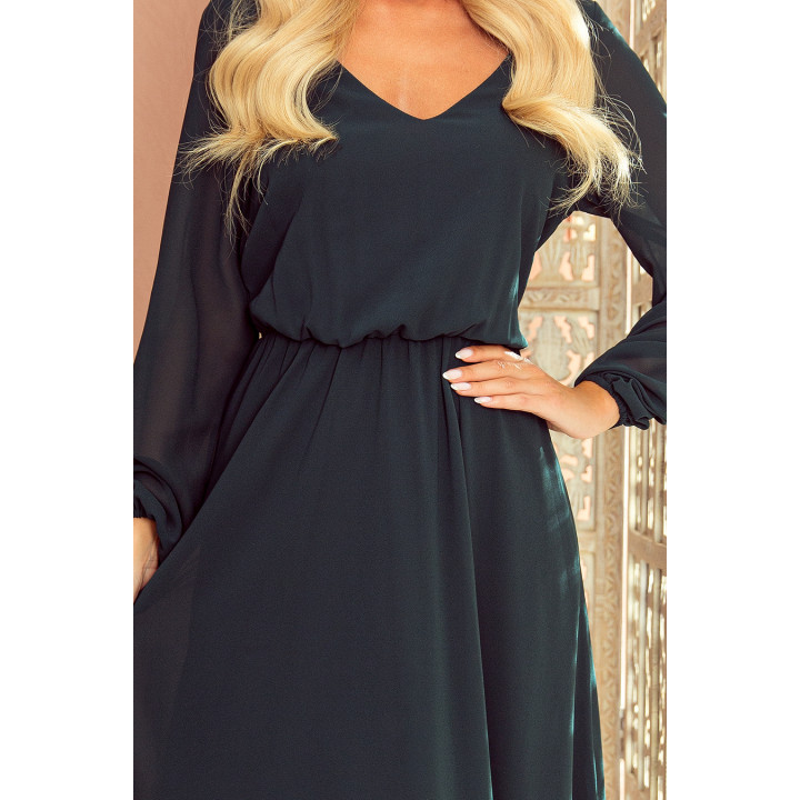 Šifonové midi šaty s výstřihem a volánkem – BOTEVÁ ZELENÁ